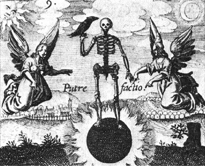 Ilustración del tratado Philosophia reformata (1622) en que se ilustra la fase alquímica de la Putrefactio. Sus símbolos clásicos son el cuervo, la osamenta -o en su defecto la calavera- y el 'sol negro'.